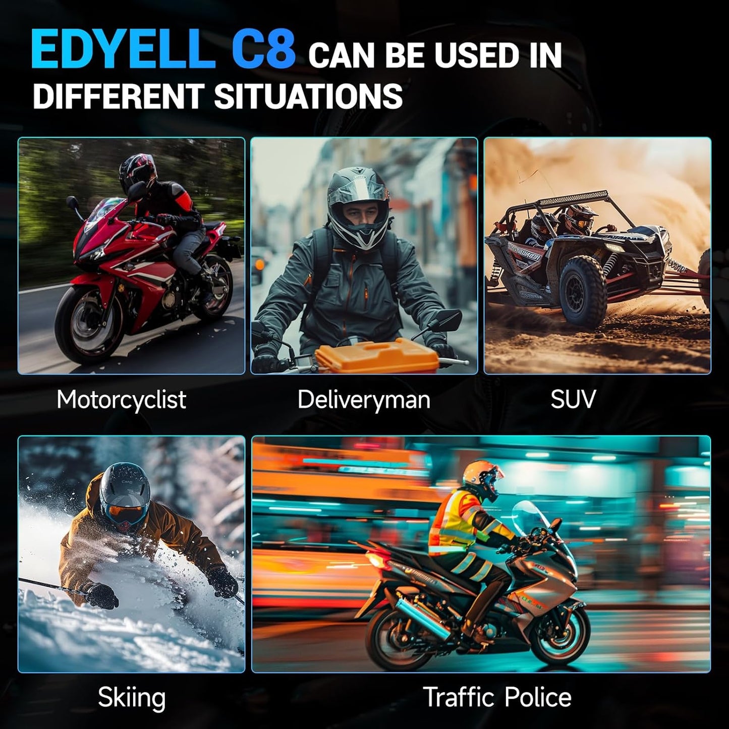 EDYELL C8 Motorcycle Bluetooth Headsets, LED Emergency Light, HD Calling, Wireless Dual Earphone, V5.3, IPX6 Waterproof, Compatible with All Helmets