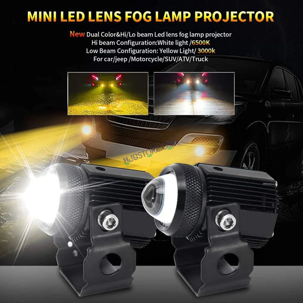 Original HJG Mini Drive LED Fog Light Bulb Lamp For Cars and Motorcycles Dual Color (White & Yellow) With Cooling Fan 2Pcs