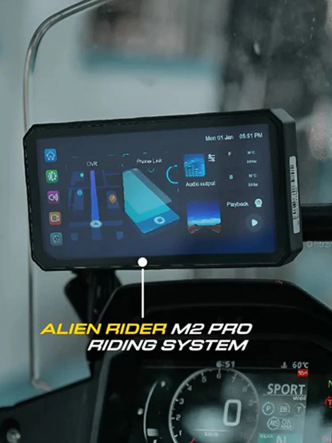ALIEN RIDER M2 PRO | BIKE NAVIGATION SYSTEM WITH TOUCH SCREEN, DUAL CAMERA AND TMPS WITH RADAR