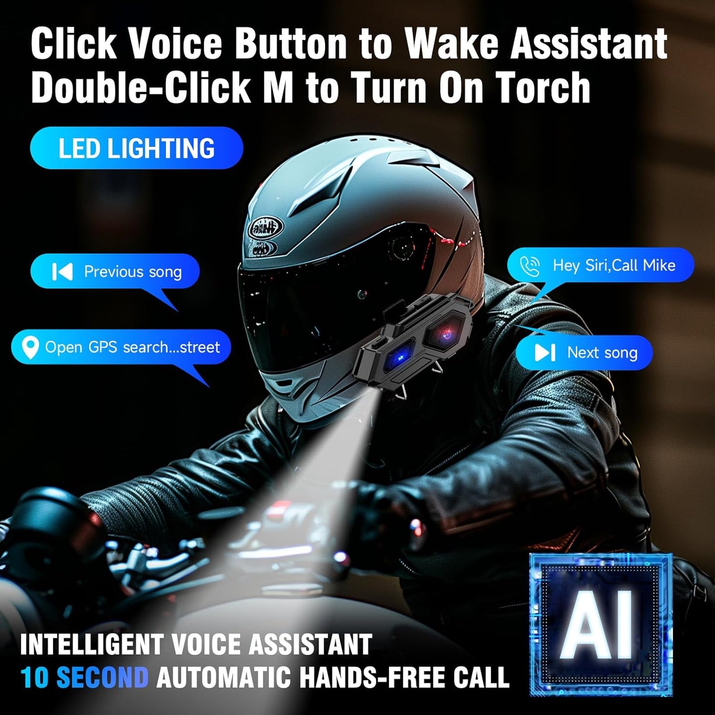 EDYELL C8 Motorcycle Bluetooth Headsets, LED Emergency Light, HD Calling, Wireless Dual Earphone, V5.3, IPX6 Waterproof, Compatible with All Helmets