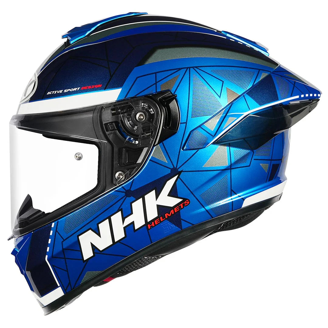 Blue and black helmet with geometric pattern and NHK branding on a white background