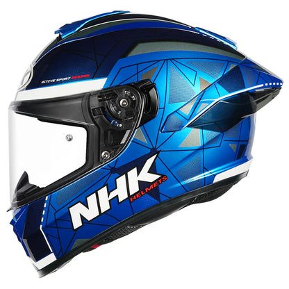 Blue and black helmet with geometric pattern and NHK branding on a white background